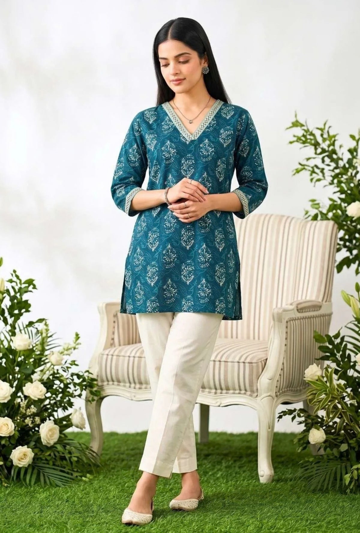 Teal Blossom Short Kurti