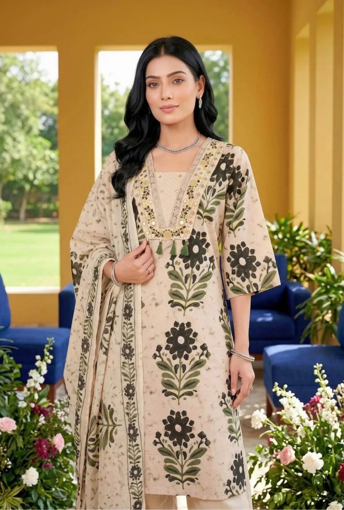 Olive Floral Suit with Dupatta