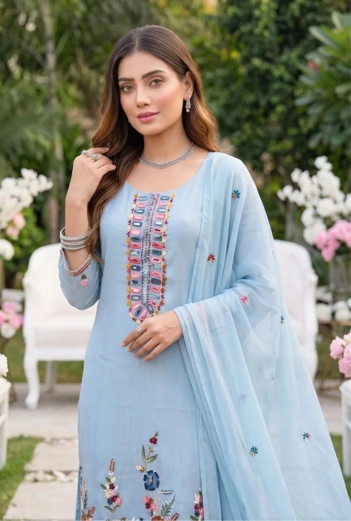 Celestial Bloom Embroidered Suit with Dupatta