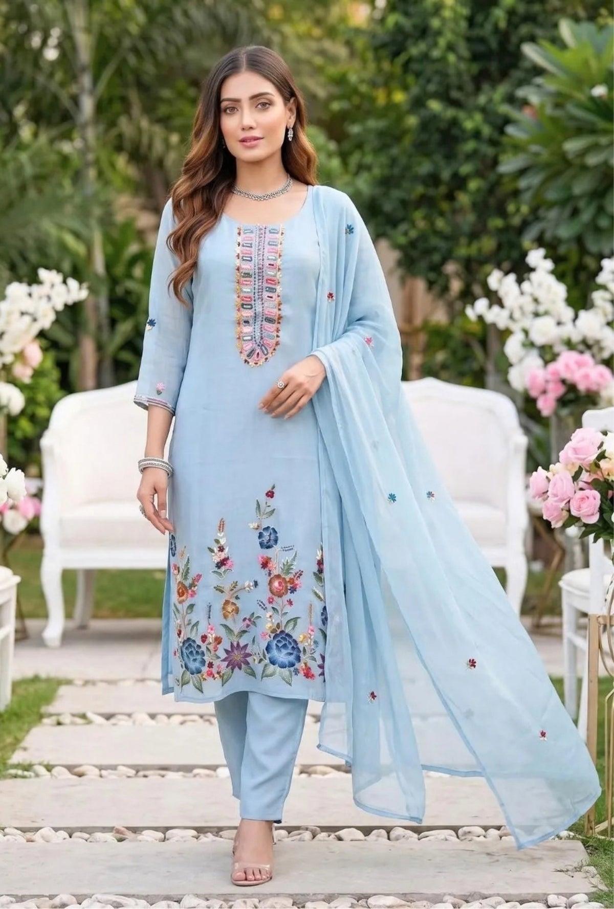 Celestial Bloom Embroidered Suit with Dupatta