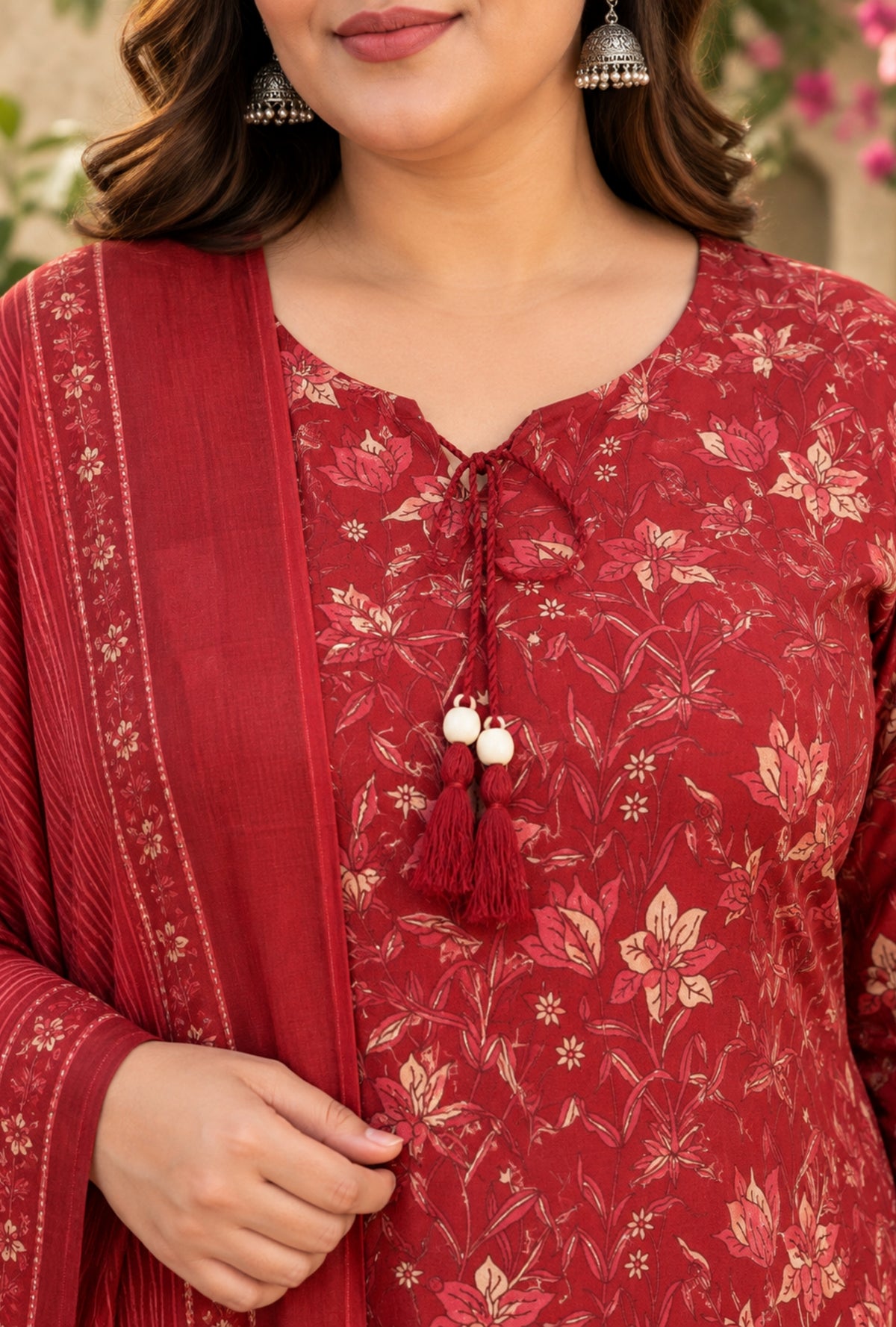 Crimson Gardenia Floral Plus Size Suit with Printed Dupatta