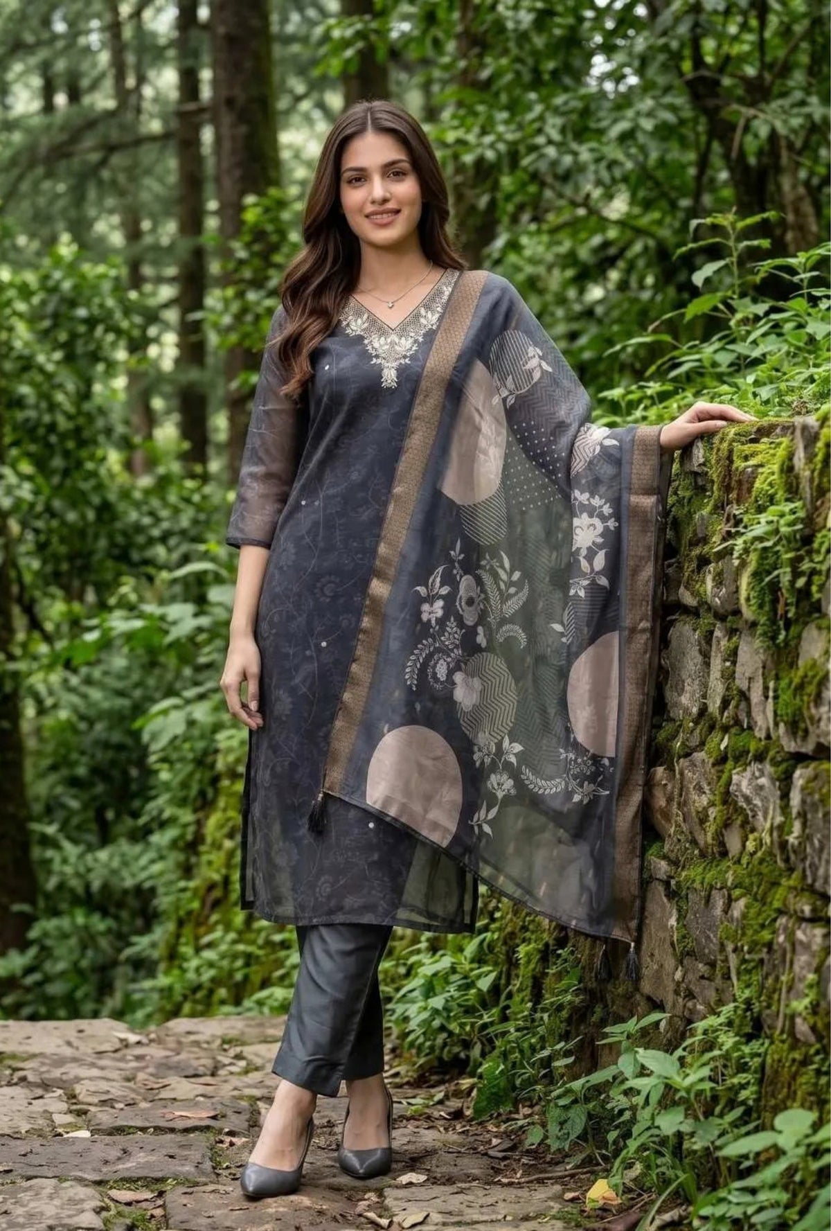 Noir Floral Elegance Suit with Dupatta