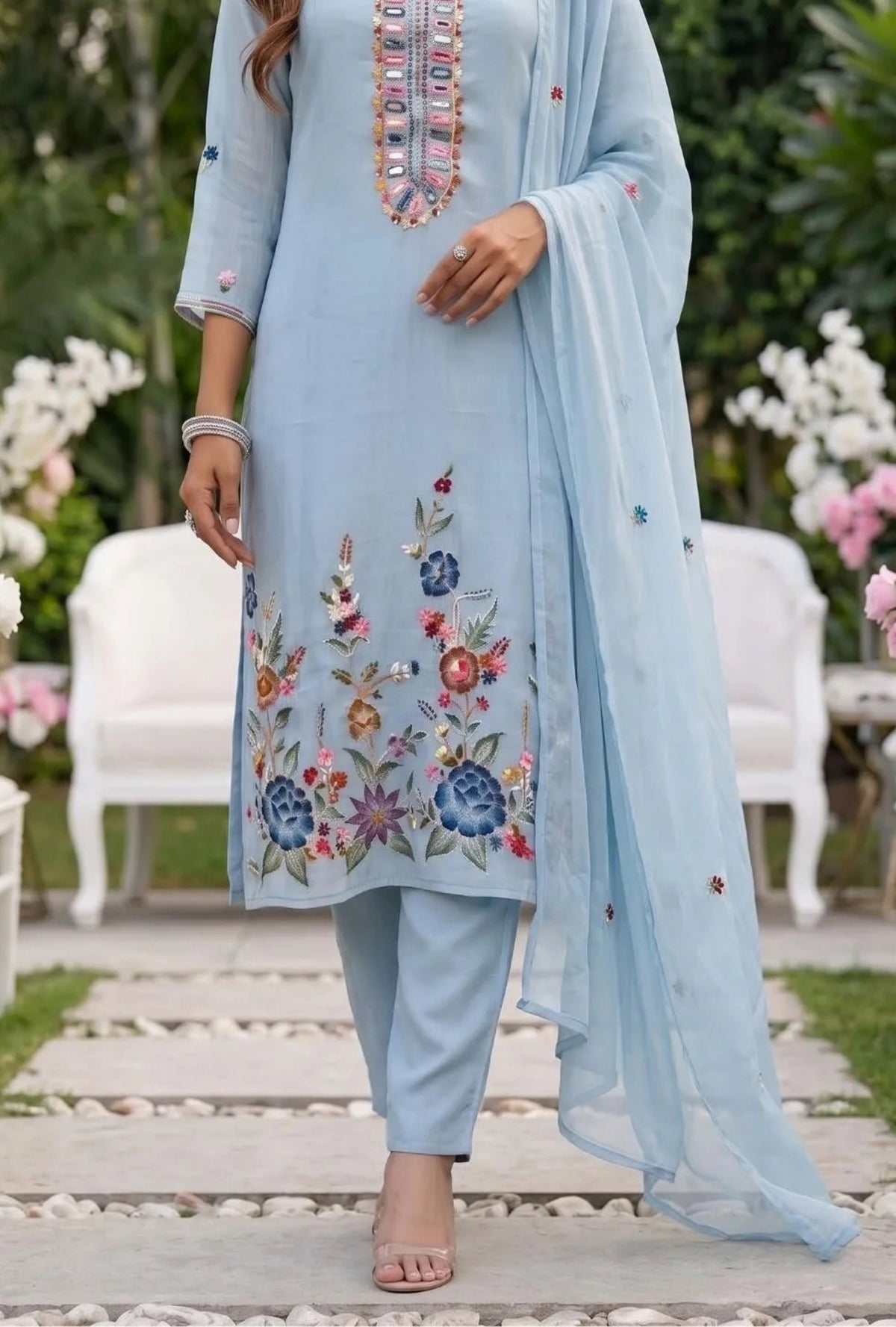 Celestial Bloom Embroidered Suit with Dupatta