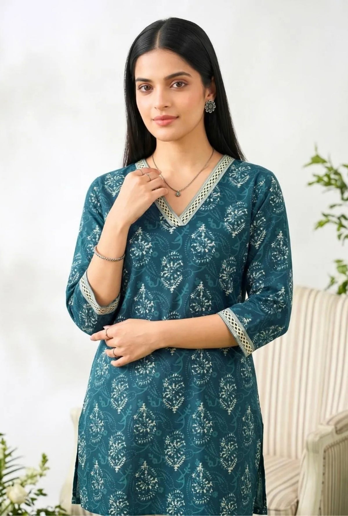 Teal Blossom Short Kurti