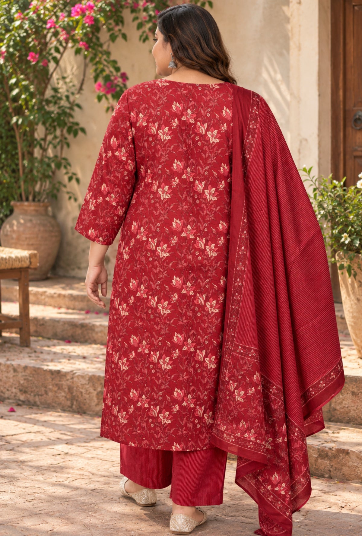 Crimson Gardenia Floral Plus Size Suit with Printed Dupatta