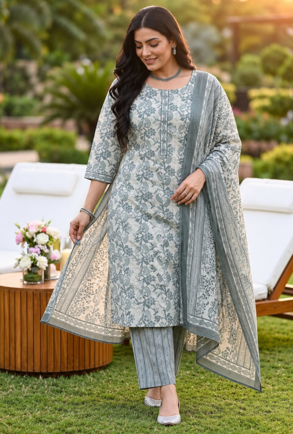 Valencia Mist Floral Plus Size Suit with Printed Dupatta