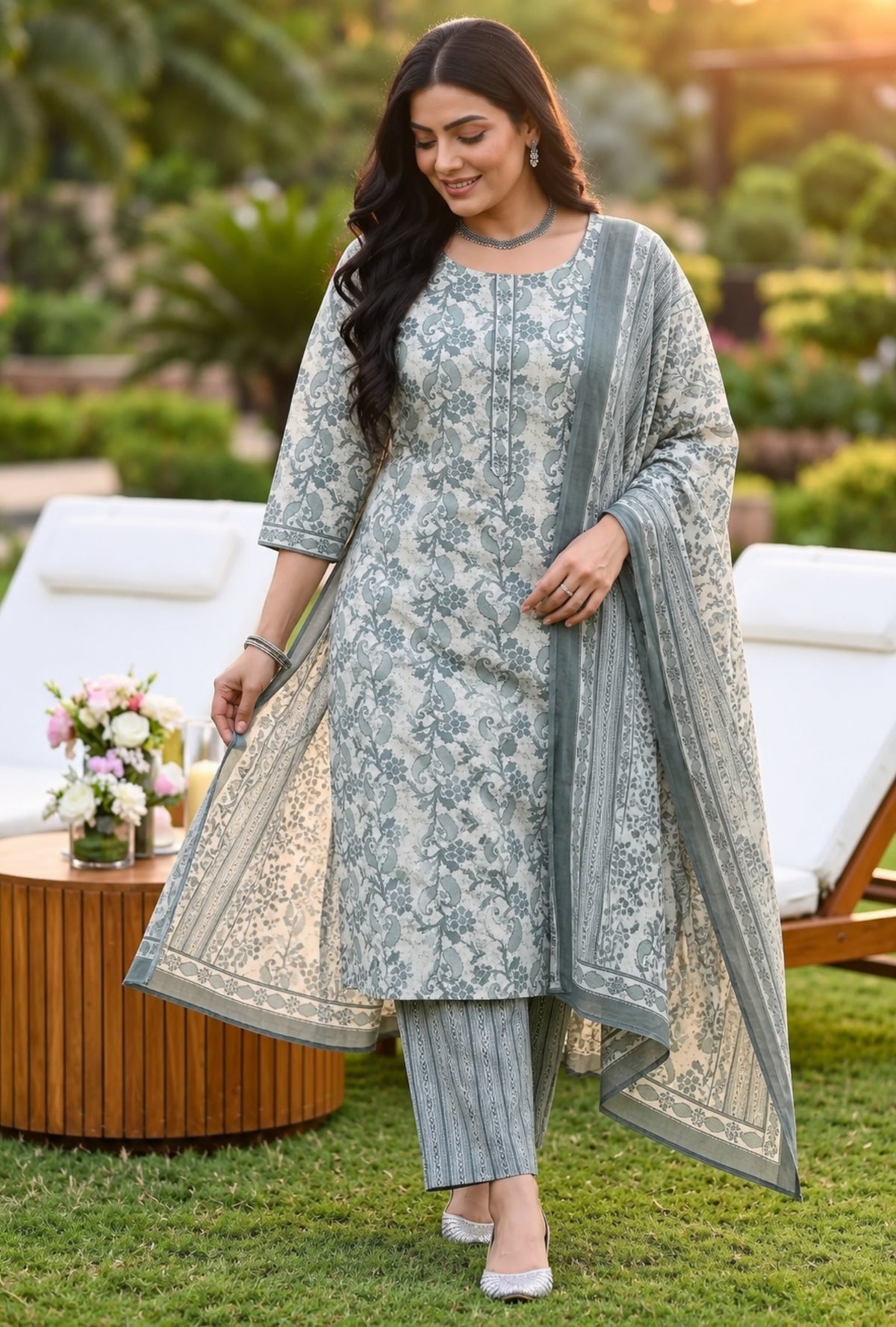 Valencia Mist Floral Plus Size Suit with Printed Dupatta