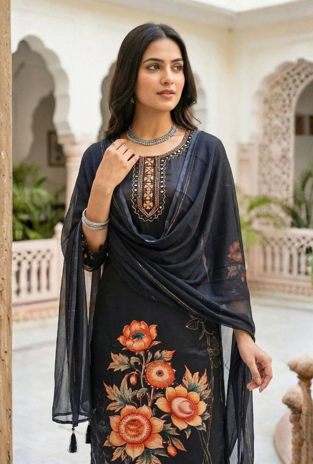 Midnight Floral Symphony Suit with Dupatta