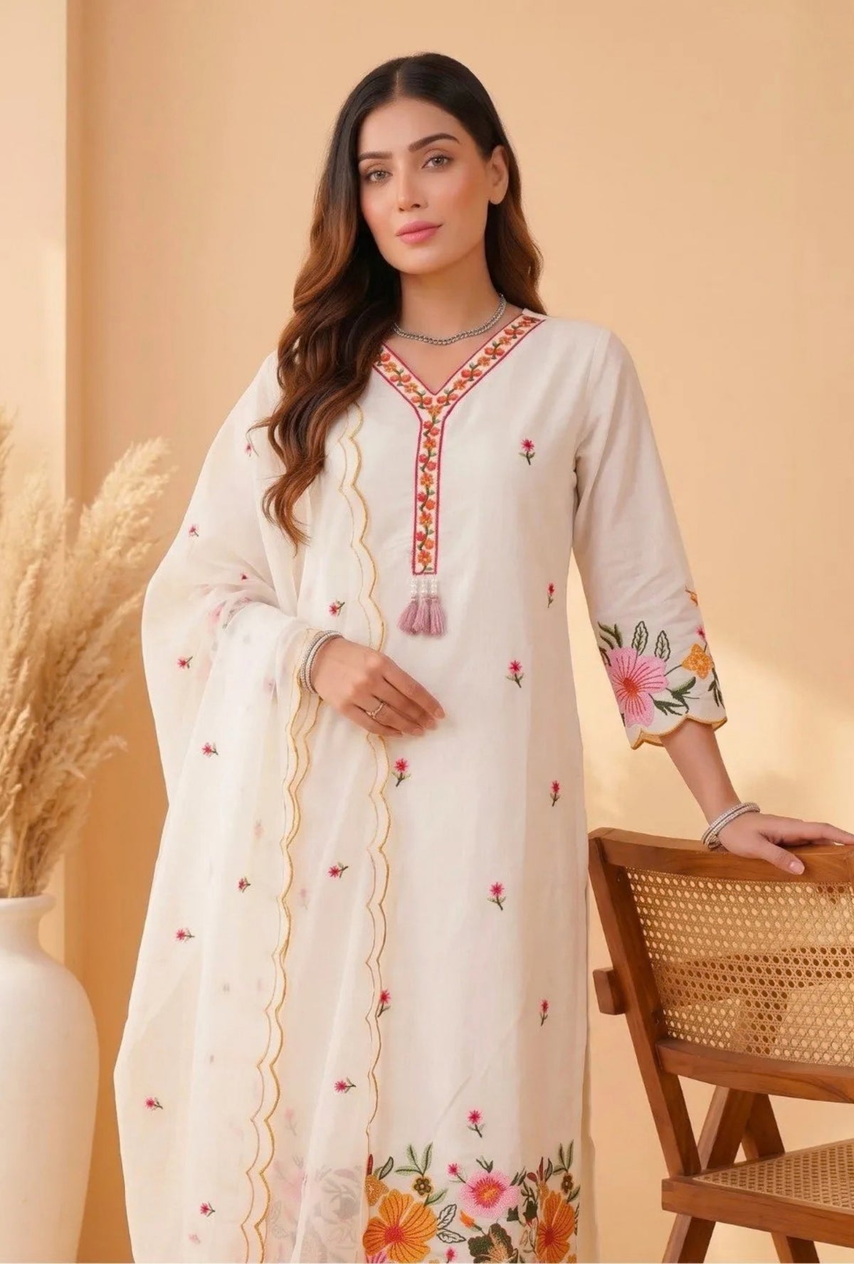 Ivory Meadow Floral Embroidered Suit with Dupatta