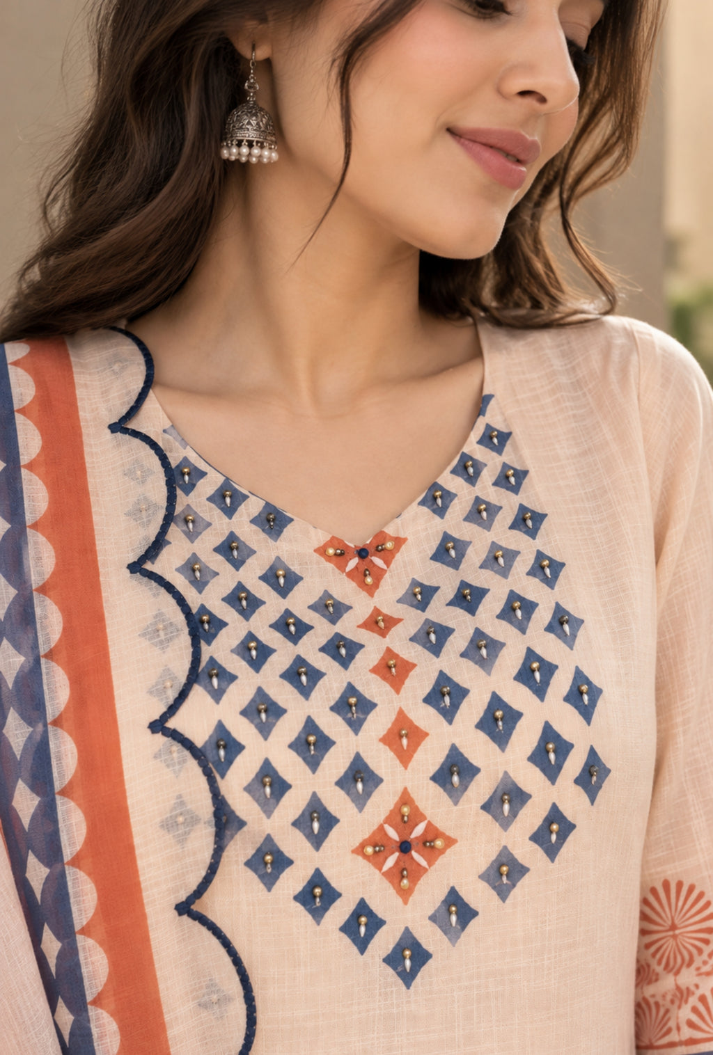 Coral Mist Linen Suit with Dupatta