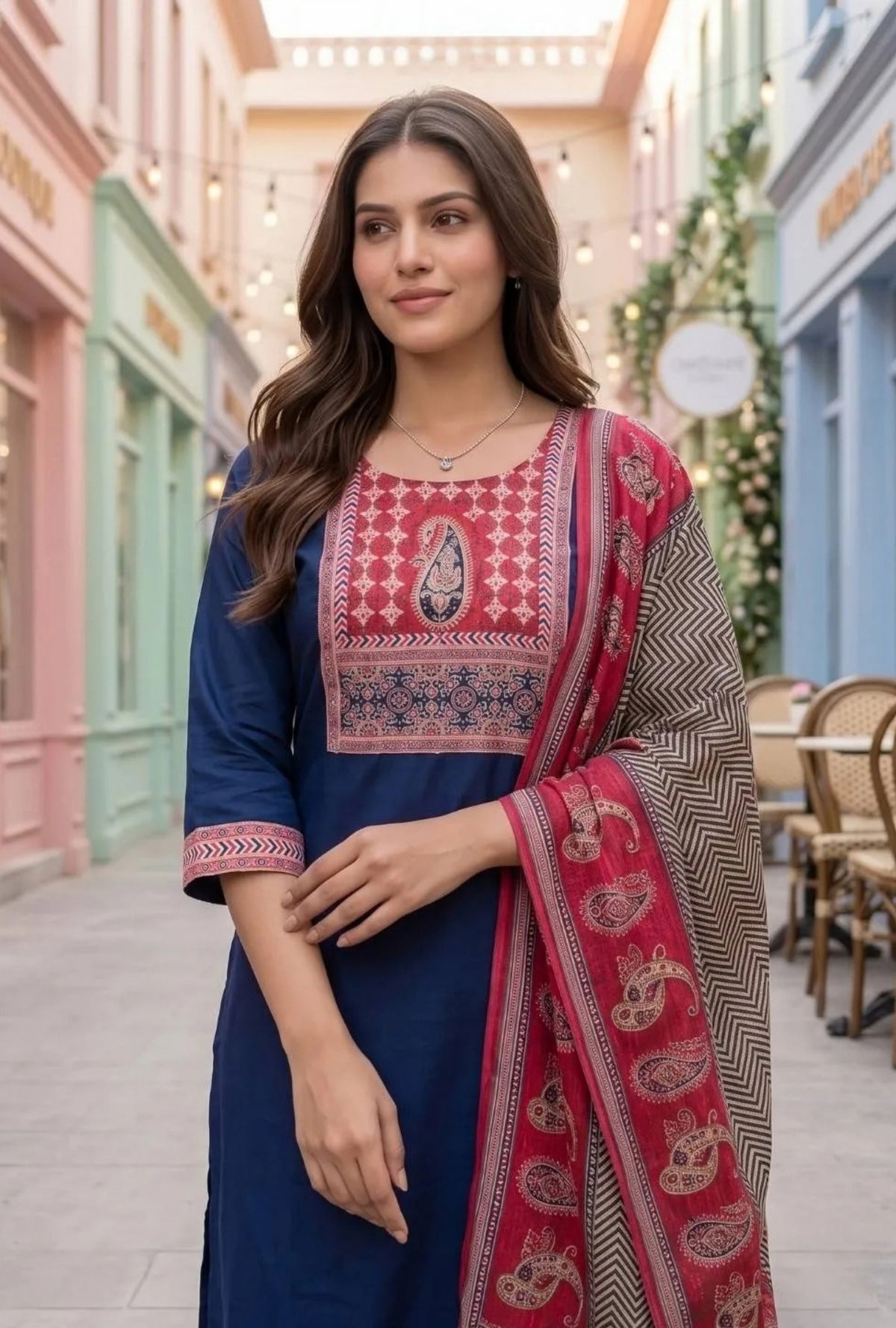 Navy Heritage Print Suit with Dupatta