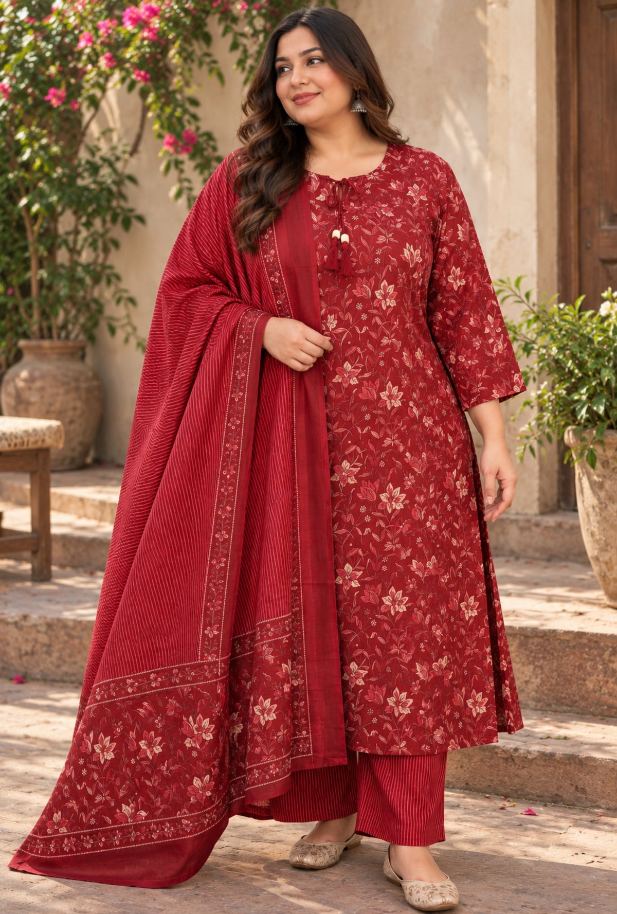 Crimson Gardenia Floral Plus Size Suit with Printed Dupatta