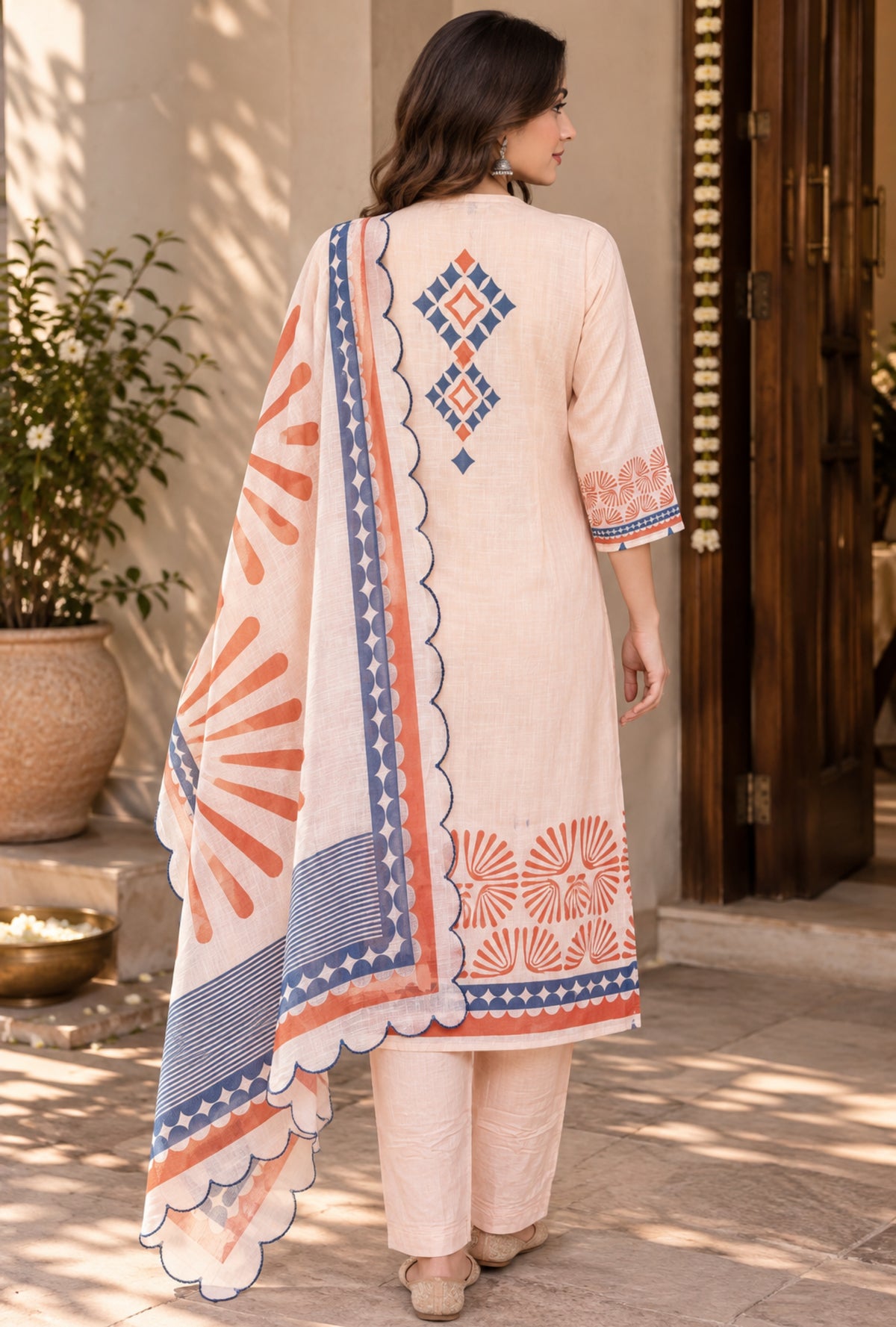 Coral Mist Linen Suit with Dupatta