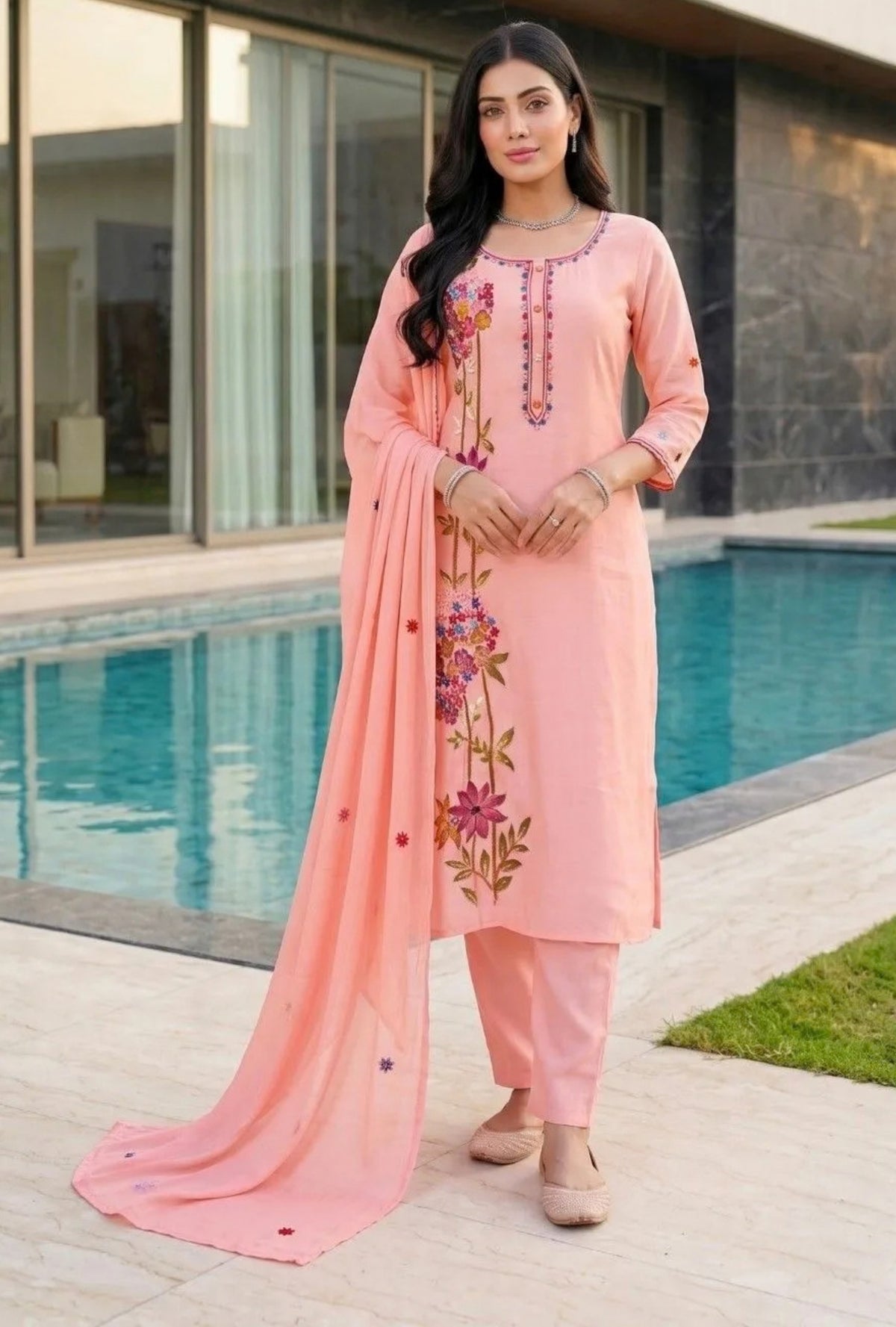 Rosevine Embroidered Suit with Dupatta