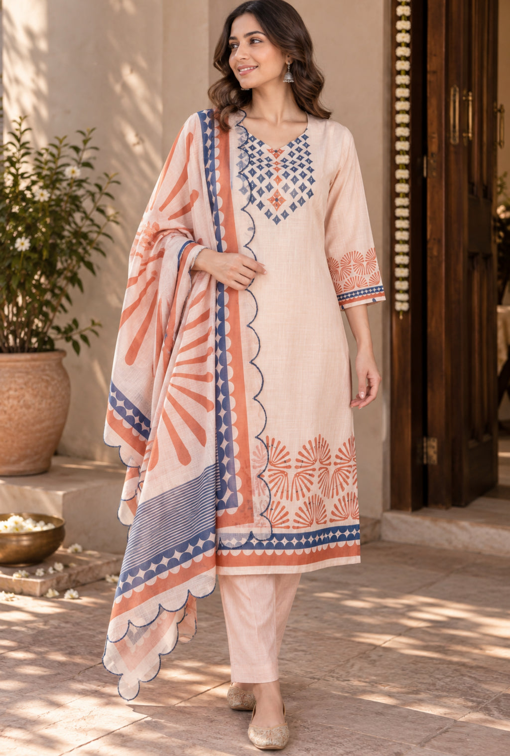 Coral Mist Linen Suit with Dupatta