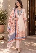 Coral Mist Linen Suit with Dupatta