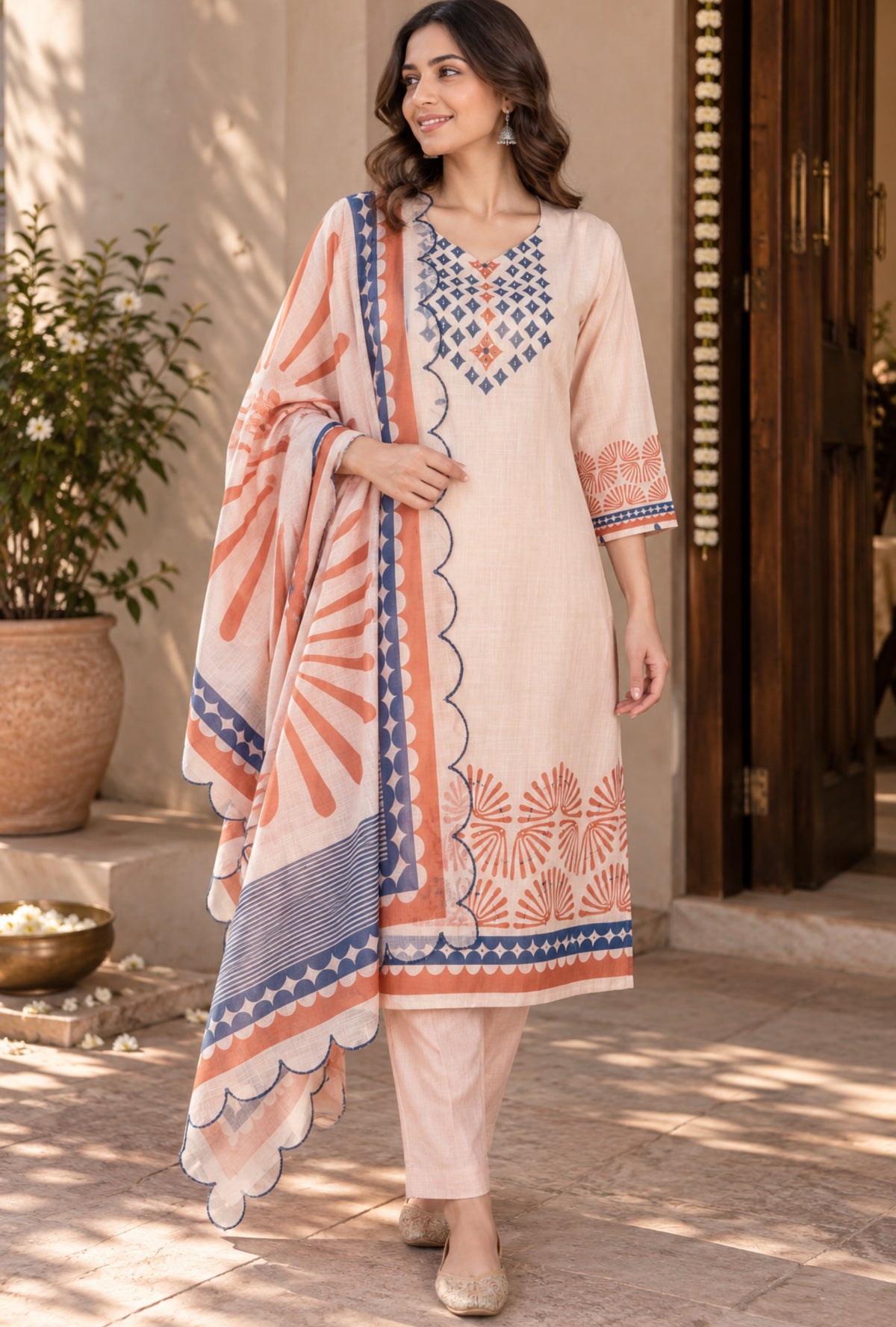 Coral Mist Linen Suit with Dupatta