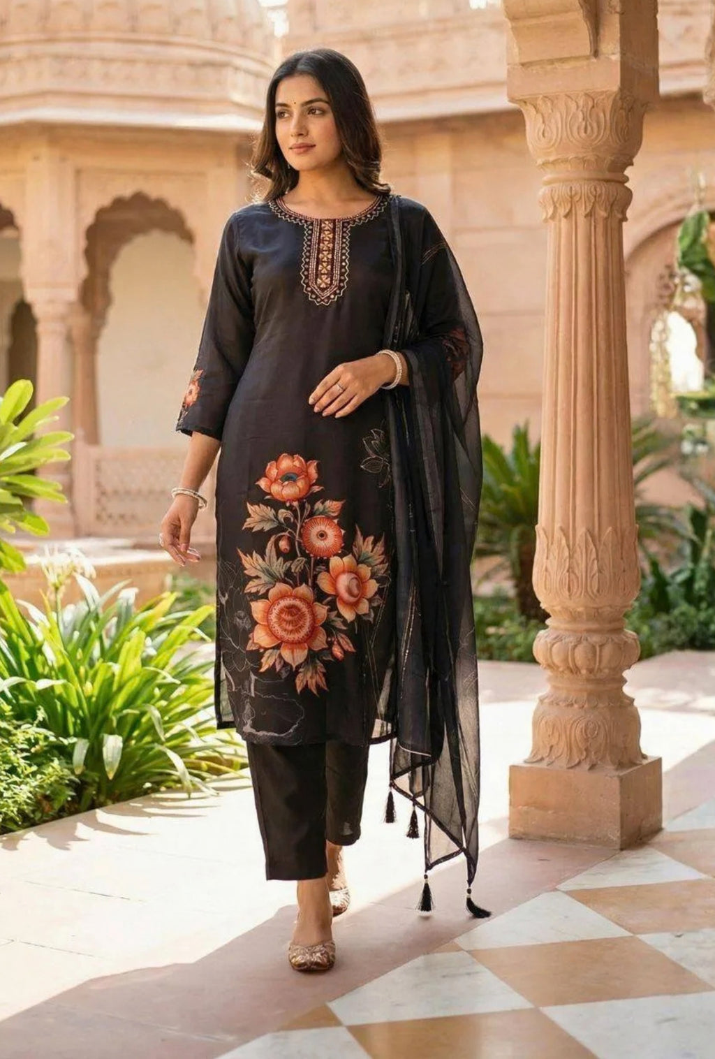Midnight Floral Symphony Suit with Dupatta