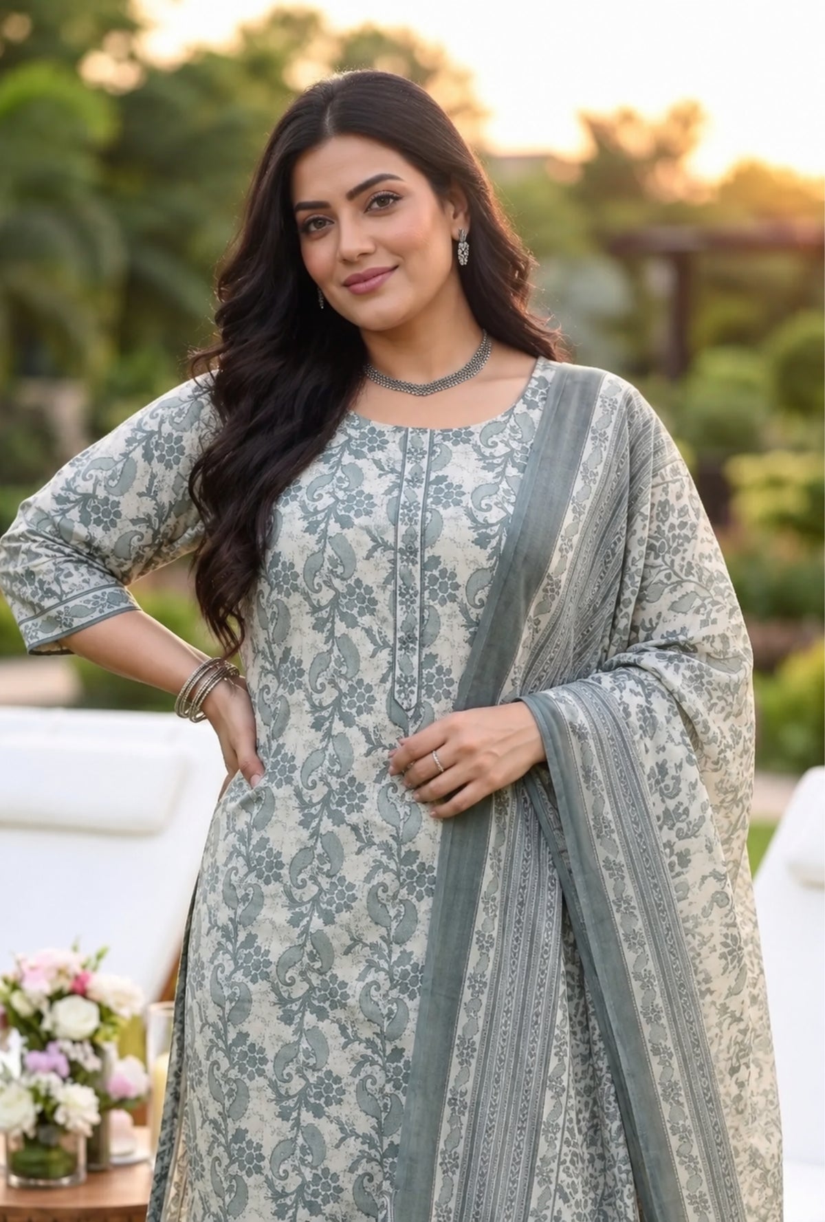 Valencia Mist Floral Plus Size Suit with Printed Dupatta