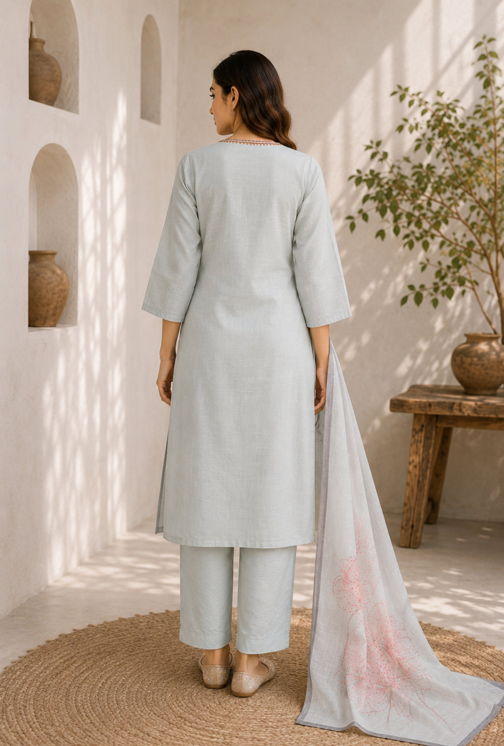 Floral Serenity Embroidered Suit with Dupatta