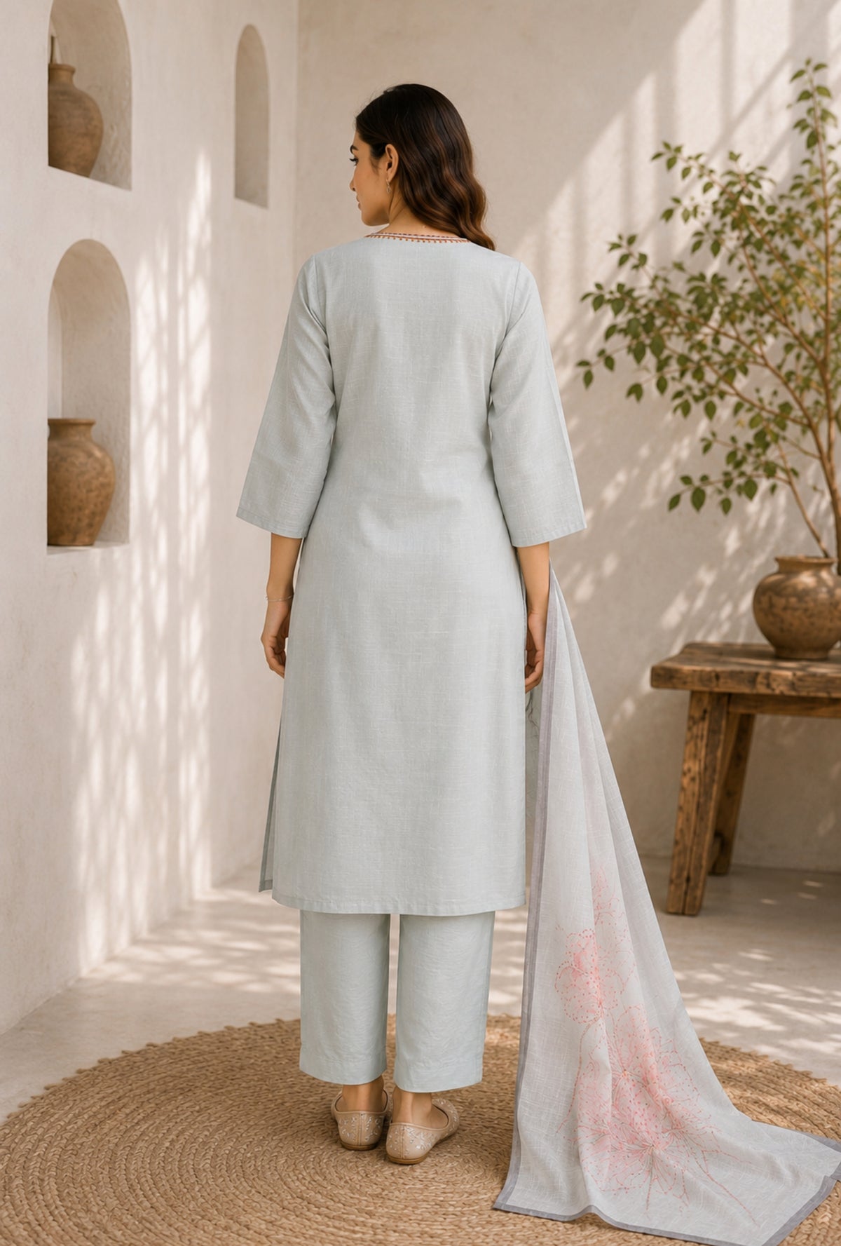 Floral Serenity Embroidered Suit with Dupatta