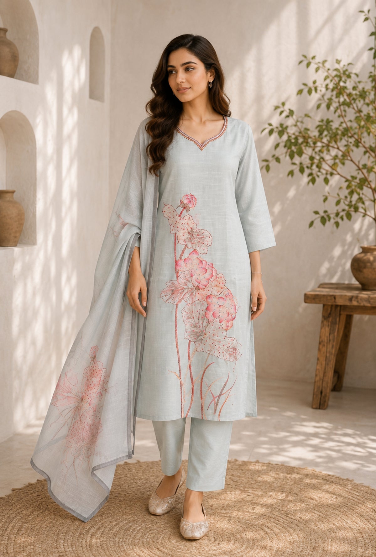 Floral Serenity Embroidered Suit with Dupatta