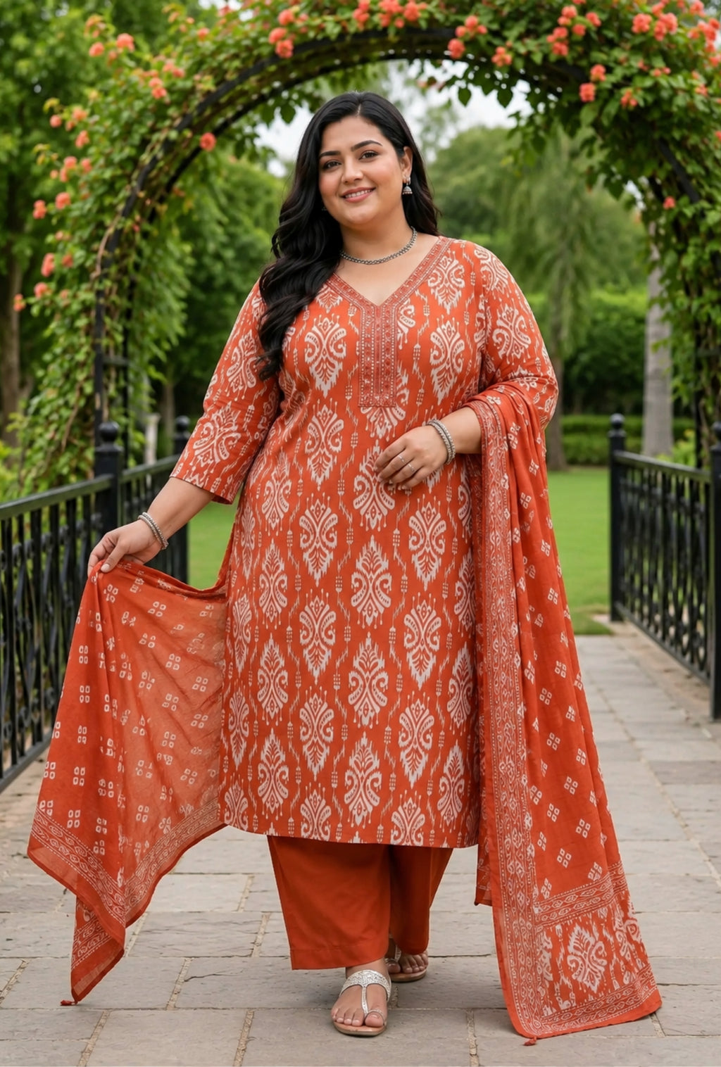 Rust Heritage Plus Size Suit with Printed Dupatta