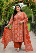 Rust Heritage Plus Size Suit with Printed Dupatta