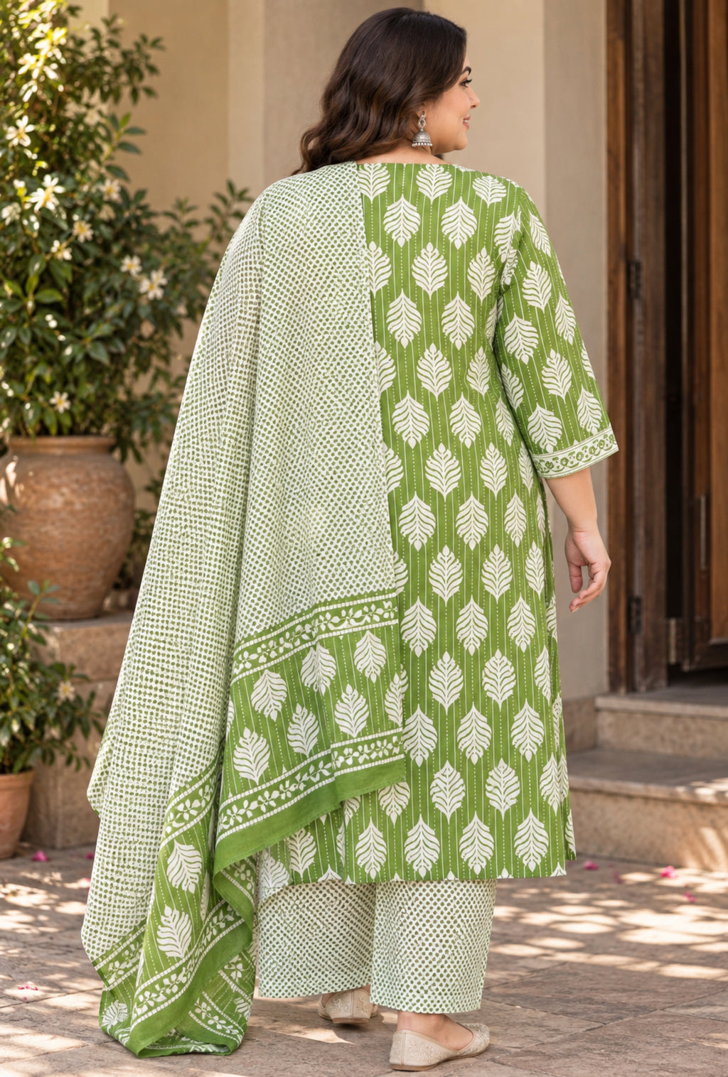 Medow Green Plus Size Suit with Printed Dupatta