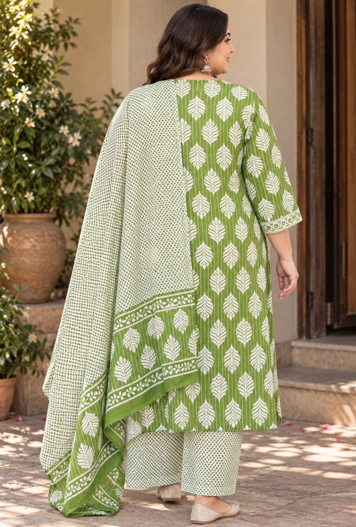 Medow Green Plus Size Suit with Printed Dupatta