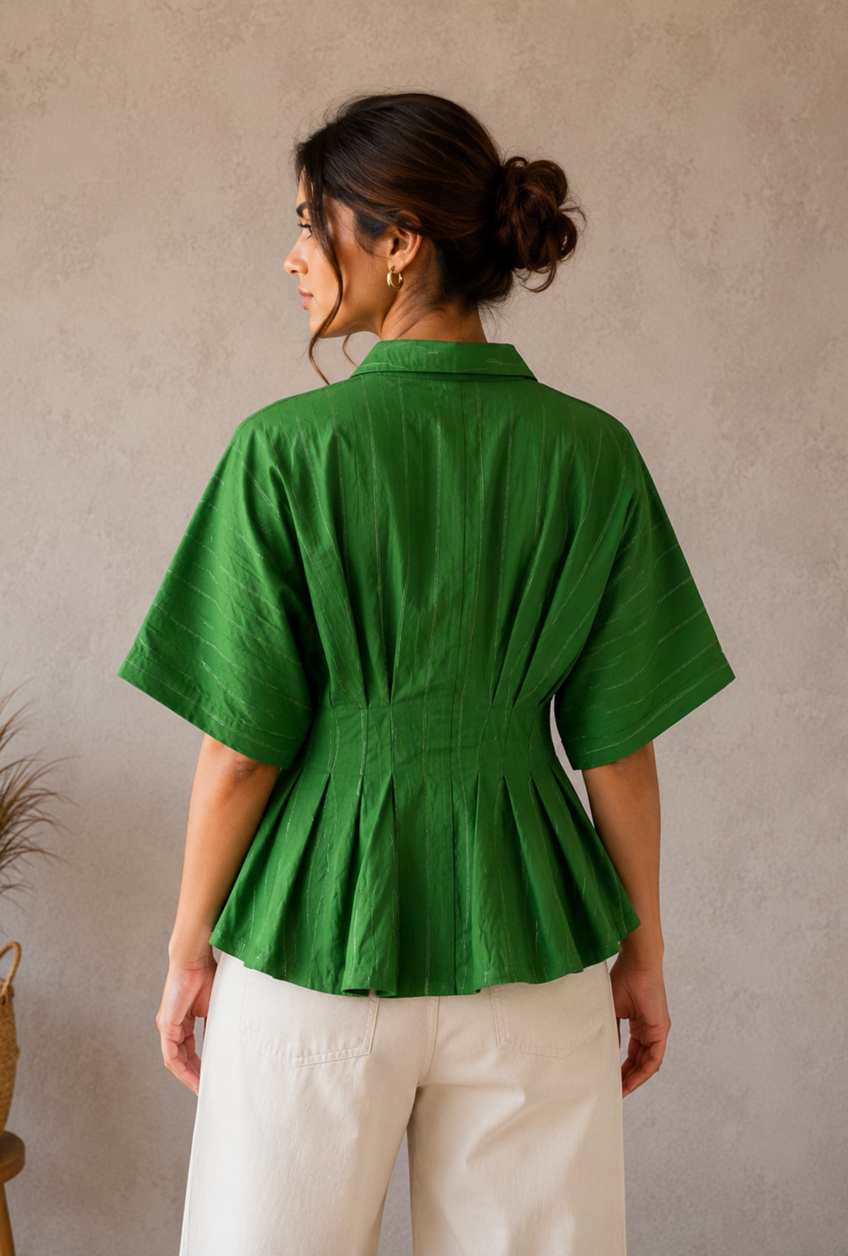 Green Pleated Peplum Shirt